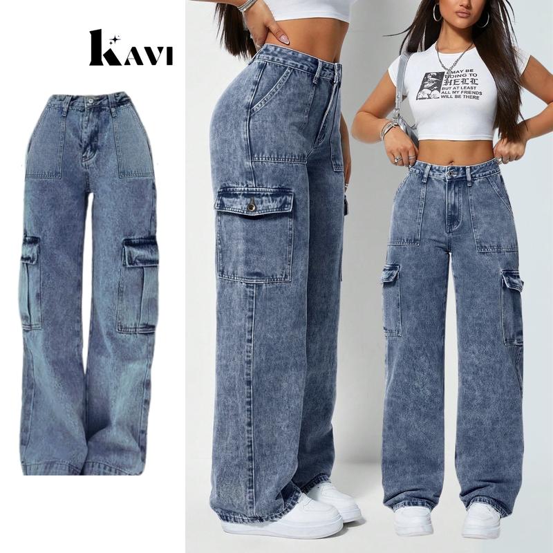 Calça Cargo Jeans Feminina Wide Leg