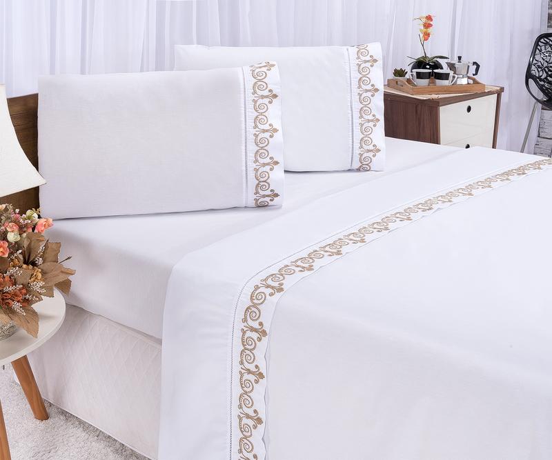 Jogo de Cama Queen 4 Peças 400 Fios Ponto Palito Bordado